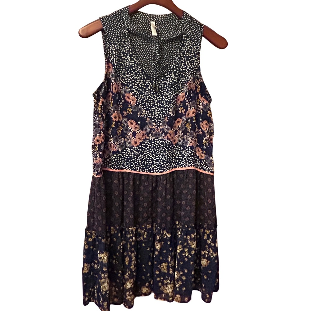 Xhilaration Mixed Print Mini Dress Womens Large Navy Blue Excellent Tiered Boho